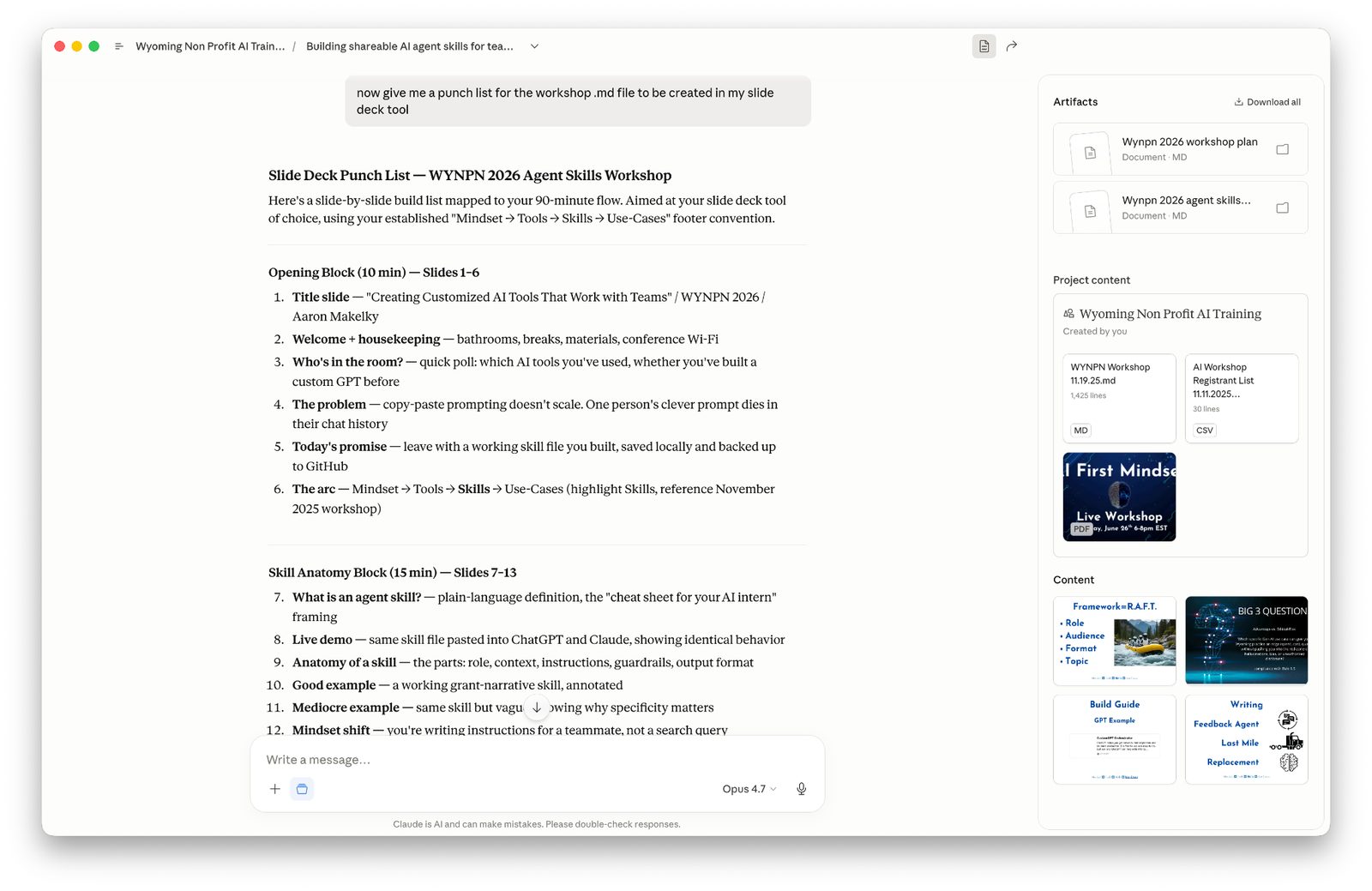 Claude chat with a slide-by-slide punch list for a 90-minute agent skills workshop deck, grouped into an opening block and a skill anatomy block, with project files listed on the right