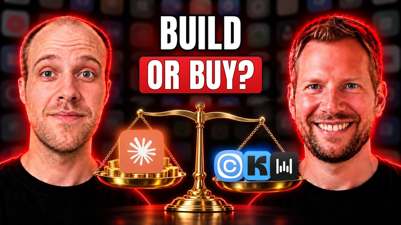 Ryan Doser and Aaron Makelky on either side of a gold scale weighing the Claude logo and a stack of coins against a row of app logos, under the title Build or buy?