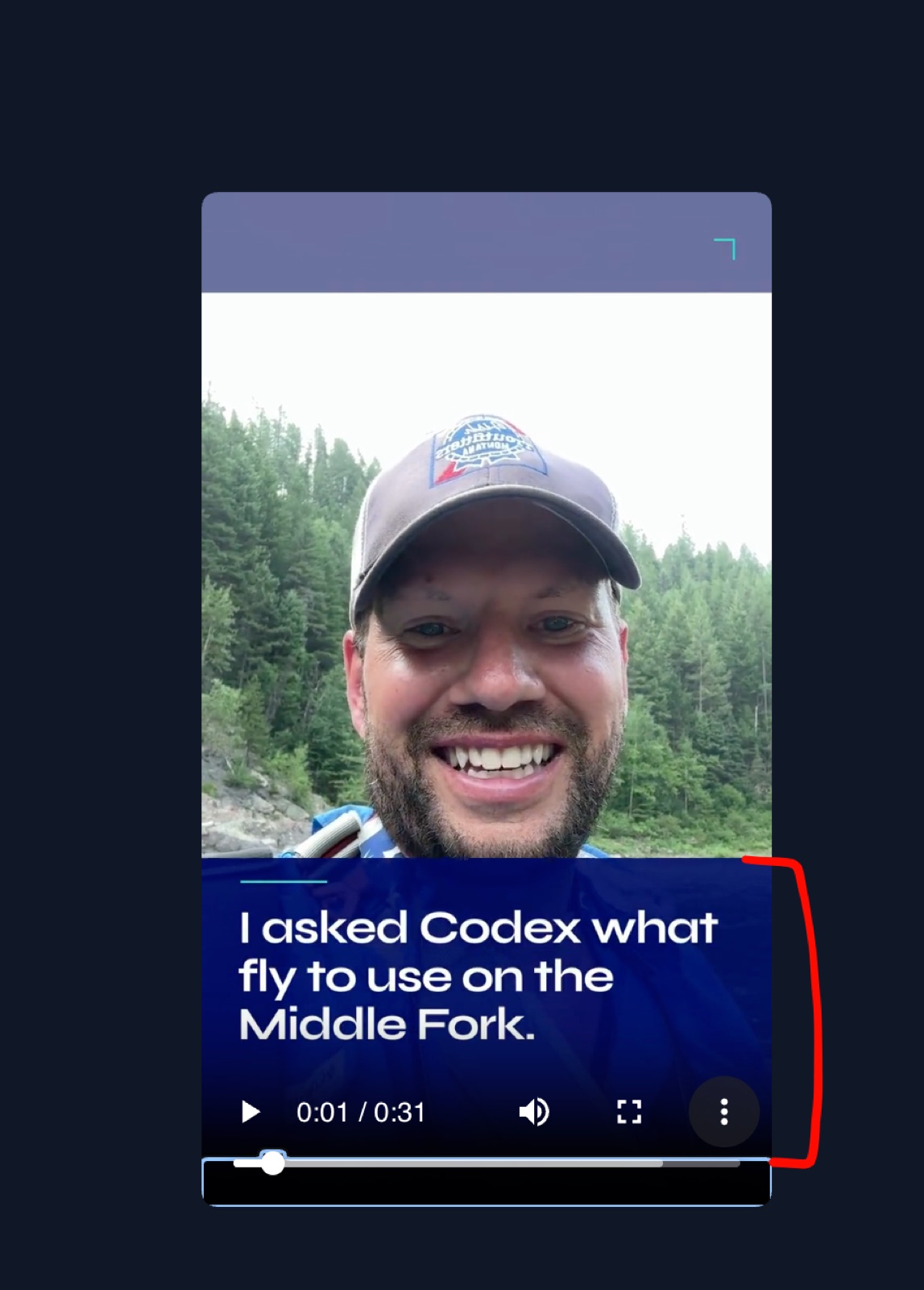 Mobile review screenshot showing a blue story panel covering too much of Aaron's fishing video.