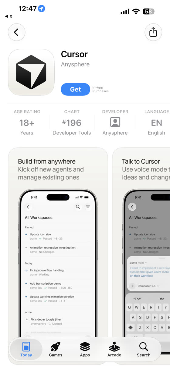 Cursor's App Store page on an iPhone, with previews that say Build from anywhere, kick off new agents and manage existing ones, and Talk to Cursor.