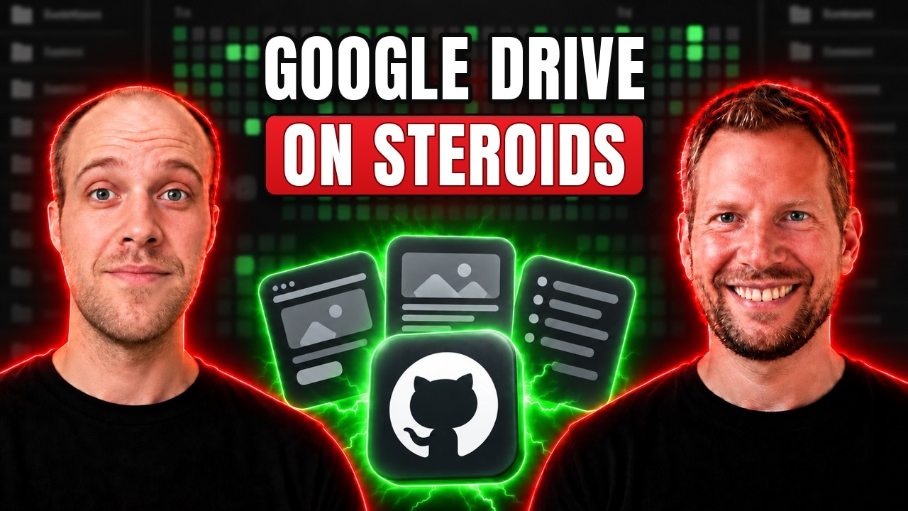 Ryan Doser and Aaron Makelky on either side of the GitHub logo, under the title Google Drive on steroids