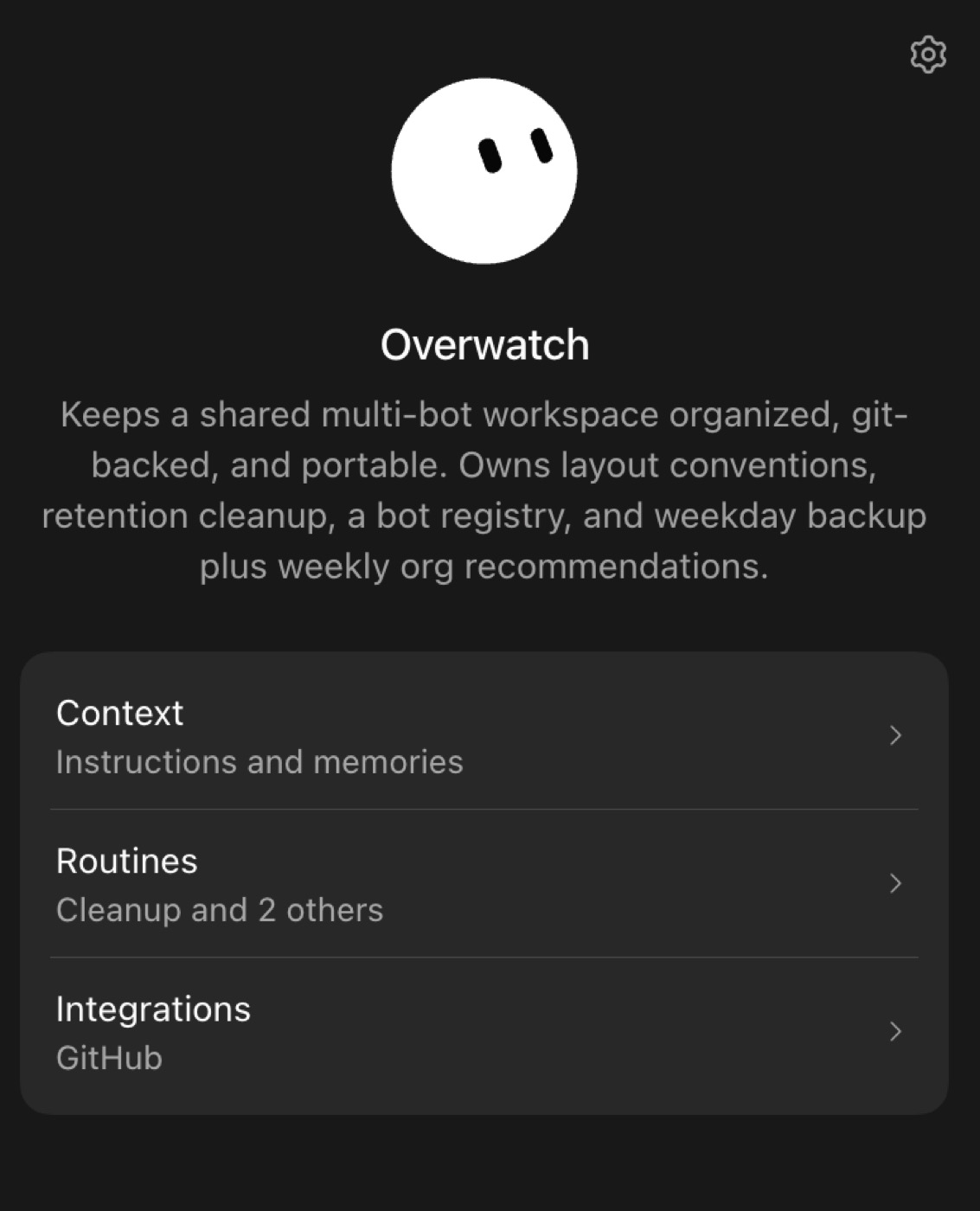 Overwatch bot: keeps a multi-bot workspace git-backed and portable