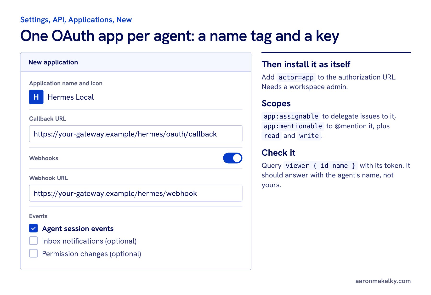 Linear new application form filled in for an agent called Hermes Local, with a callback URL, webhooks turned on, and the Agent session events category checked.