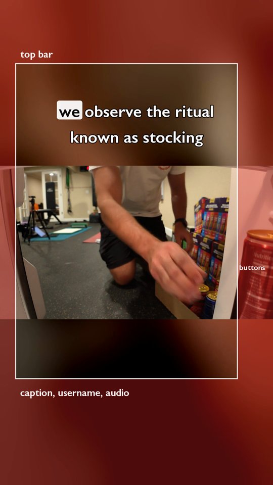 A captioned vertical frame with the areas covered by the top bar, the bottom caption and username, and the right-side buttons shaded red, and the captions sitting inside the clear area.