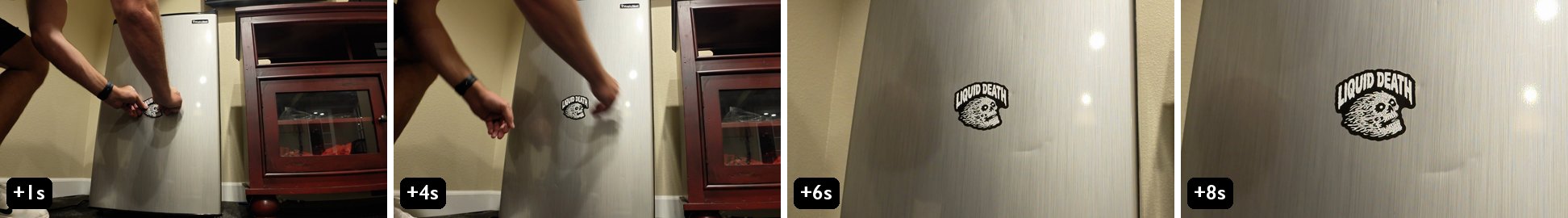 Four frames from the last shot: the sticker being slapped on the fridge door, then progressively closer until the Liquid Death skull logo fills the frame.