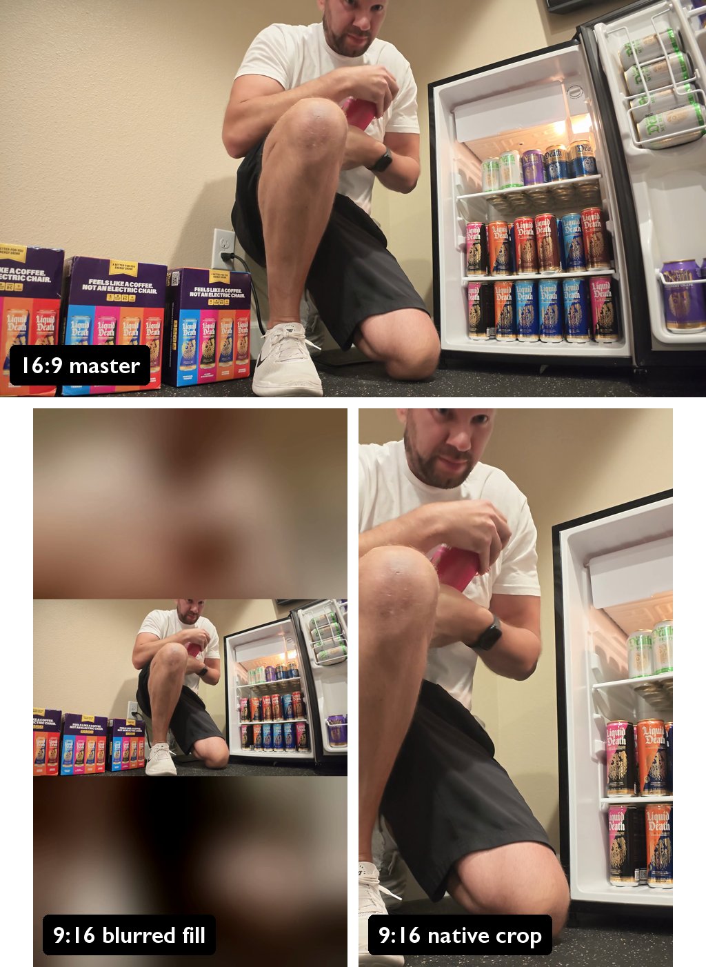 The same moment, holding the pink bottle by the stocked fridge, shown as the 16:9 master, the 9:16 blurred-fill version, and the 9:16 native crop.