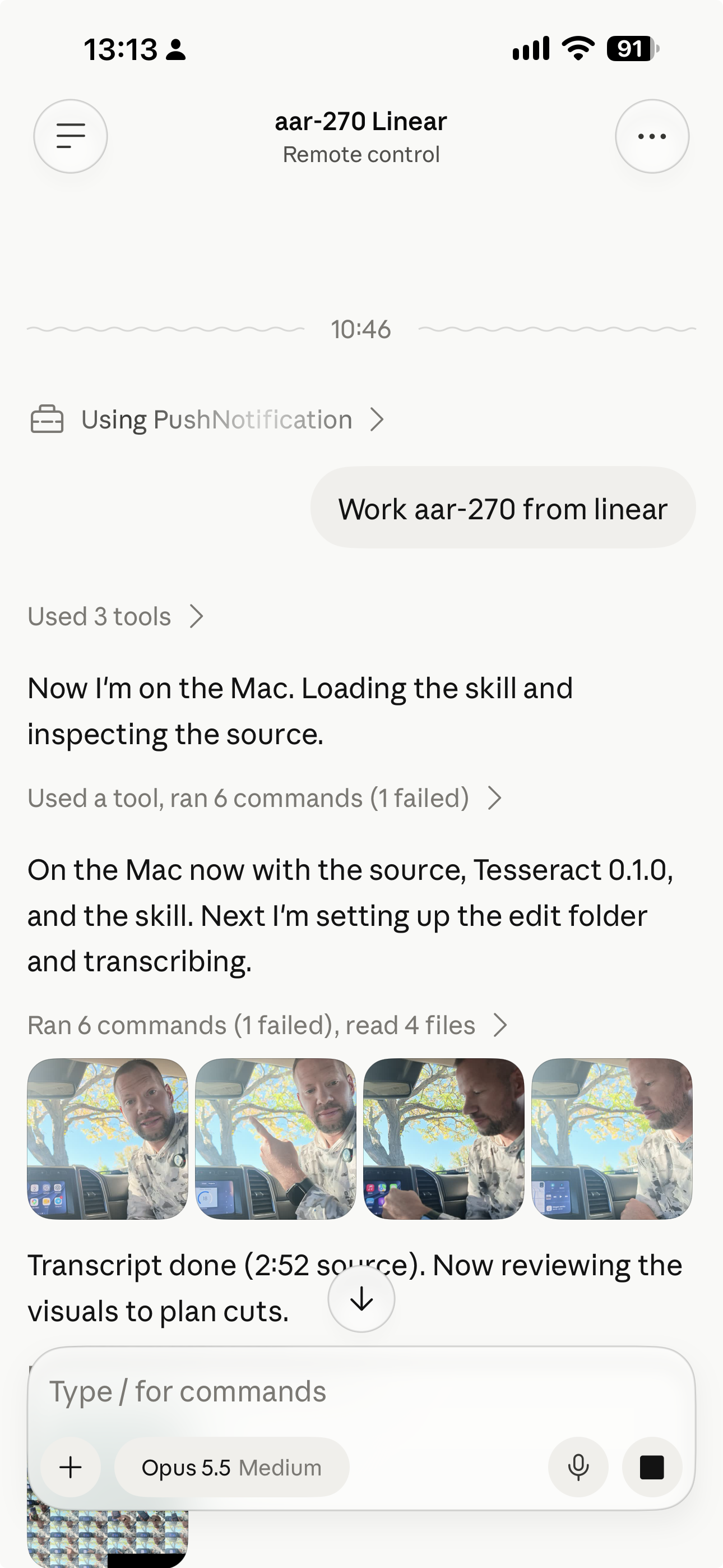The Claude iPhone app in a Remote Control session titled aar-270 Linear, showing the prompt Work aar-270 from linear and the agent loading the skill and transcribing.