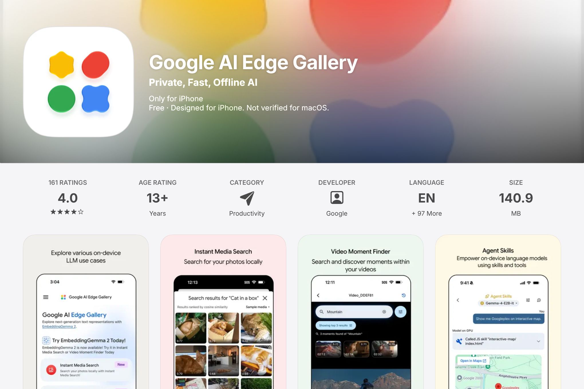 App Store listing for Google AI Edge Gallery, subtitled Private, Fast, Offline AI, free for iPhone at 140.9 MB, above screenshots of on-device chat, media search, and agent skills