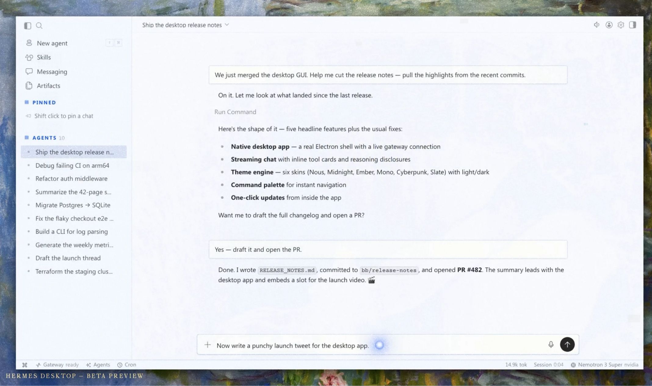 Hermes Desktop beta preview from the Hermes Agent site: a chat window with a sidebar of agents and a sample conversation about cutting release notes