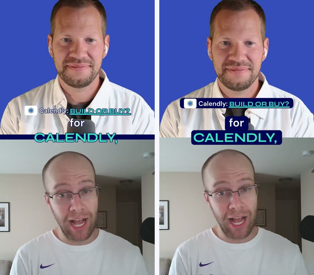 Clip 2 at 0:01.8, side by side: v2 with white captions over a white shirt, and v4 with the same captions on navy plates