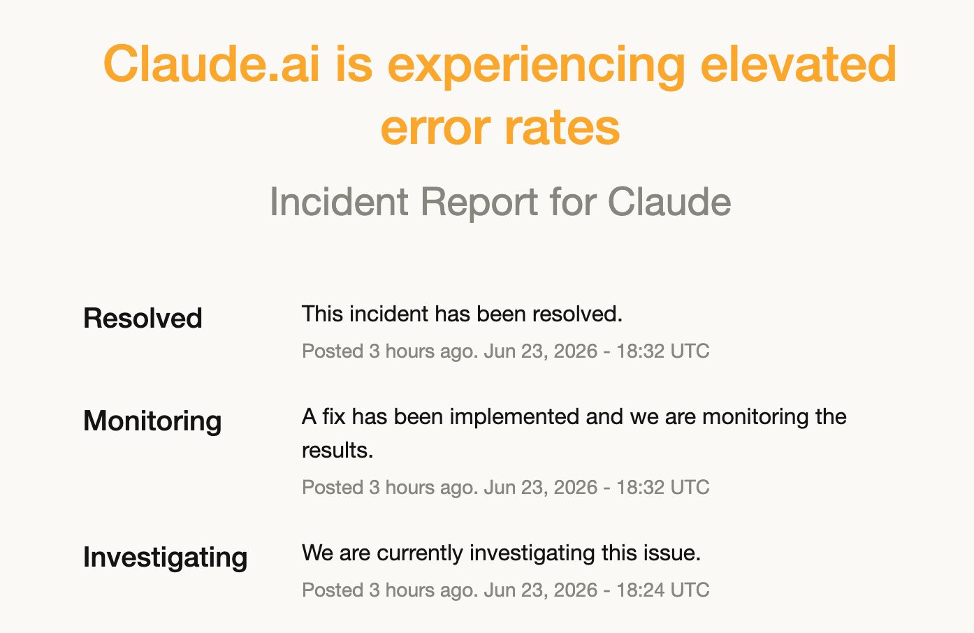 Claude status page: Claude.ai is experiencing elevated error rates, with Investigating, Monitoring, and Resolved updates posted Jun 23, 2026