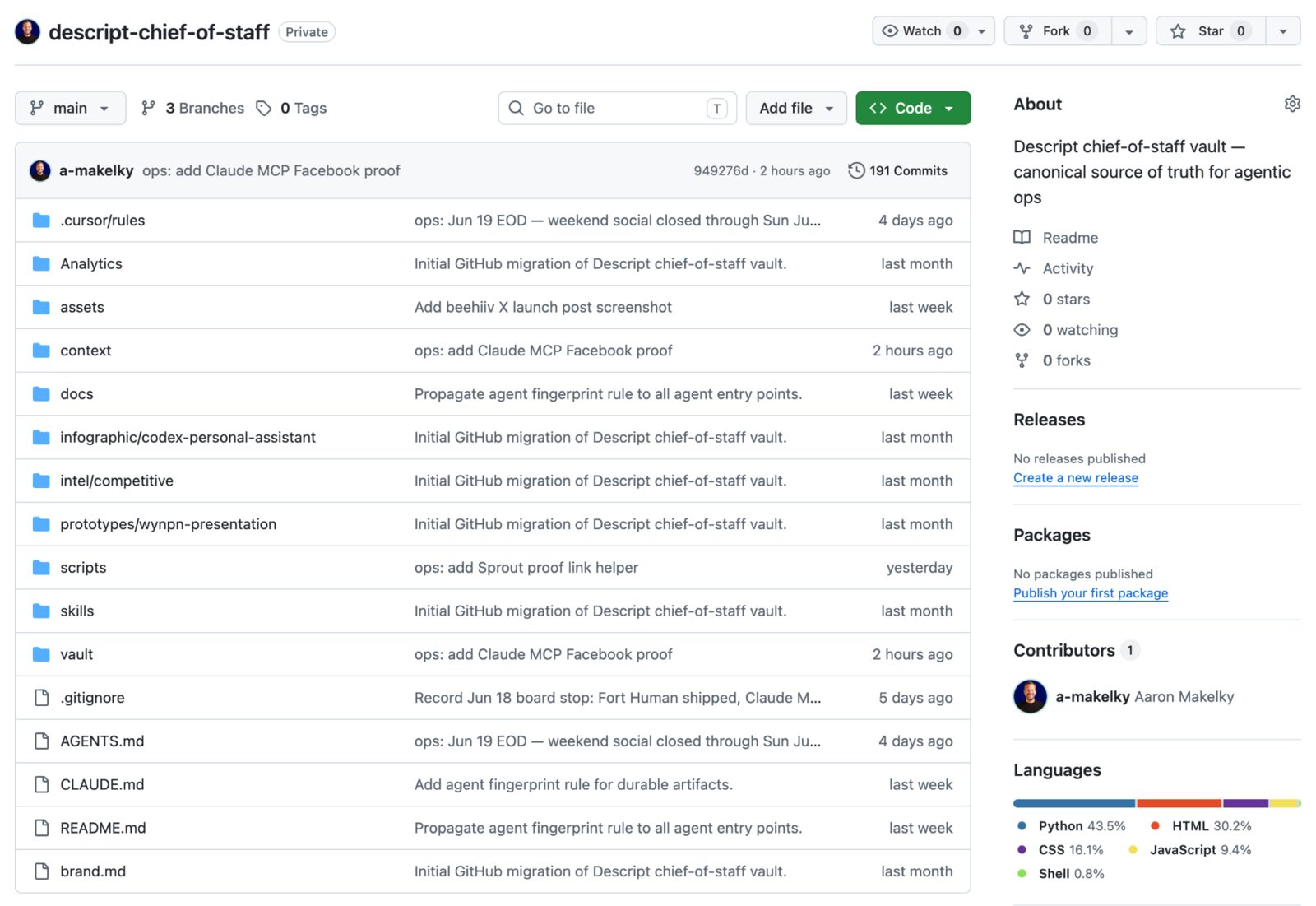 A private GitHub repository named descript-chief-of-staff with folders for context, docs, scripts, skills, and vault, plus AGENTS.md, CLAUDE.md, and README.md files