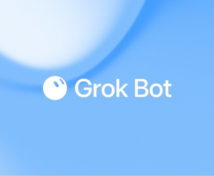 Grok Bot launch artwork: the round Grok Bot icon and wordmark on a soft blue background
