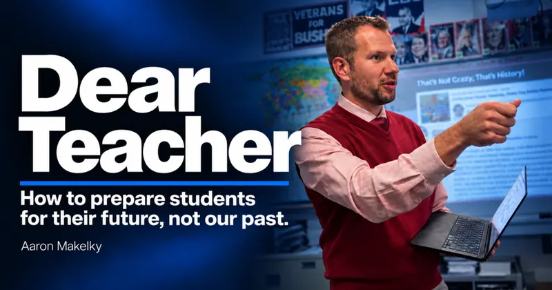 Dear Teacher letter cover: Aaron teaching in a classroom.