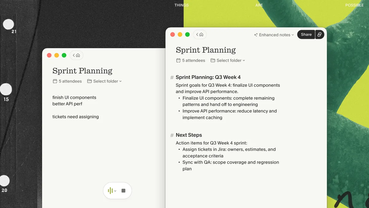 A Granola meeting note for Sprint Planning: rough notes on the left and enhanced notes with goals and next steps on the right
