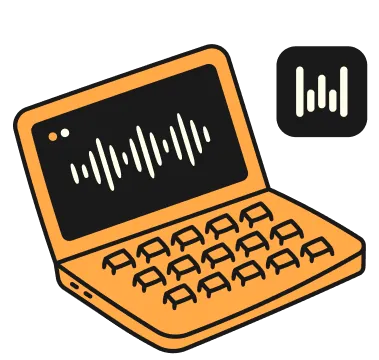 A laptop showing a voice waveform next to the Wispr Flow app icon