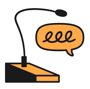 A desk microphone with a speech bubble