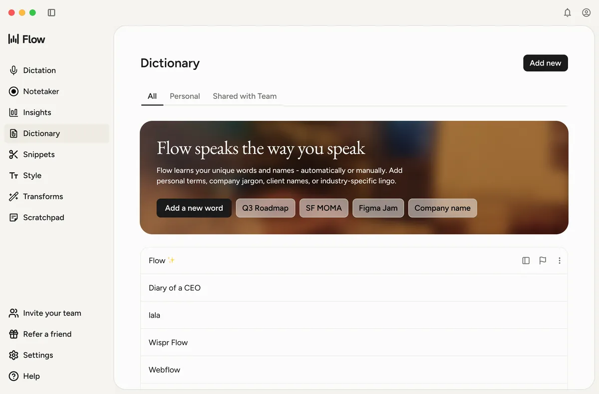 The Wispr Flow Dictionary screen with custom words like Q3 Roadmap, SF MOMA, Figma Jam, and Company name