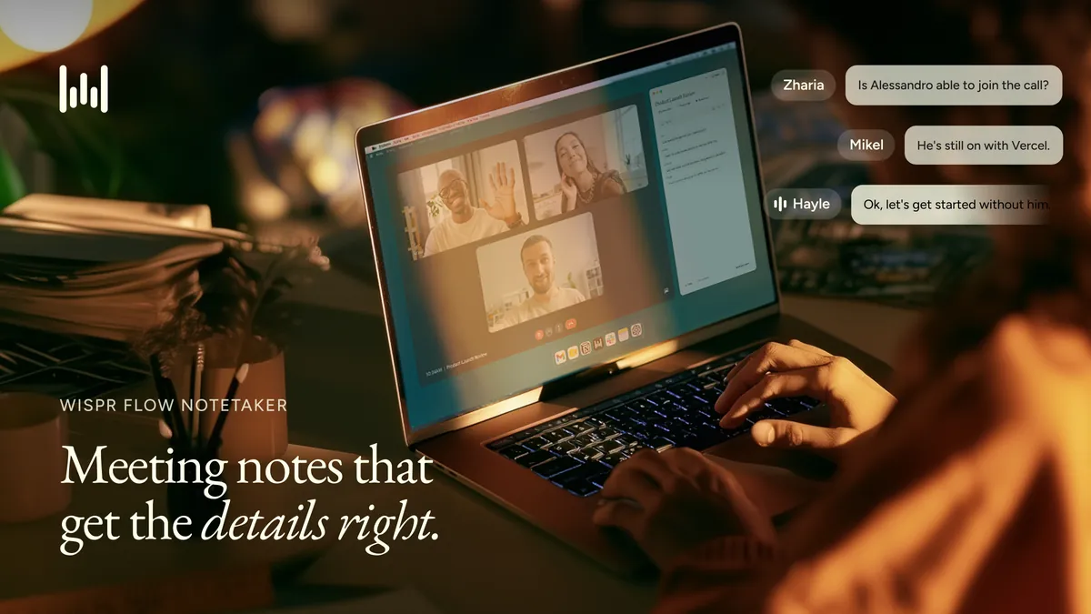 A laptop on a video call with Wispr Flow Notetaker captions: Meeting notes that get the details right