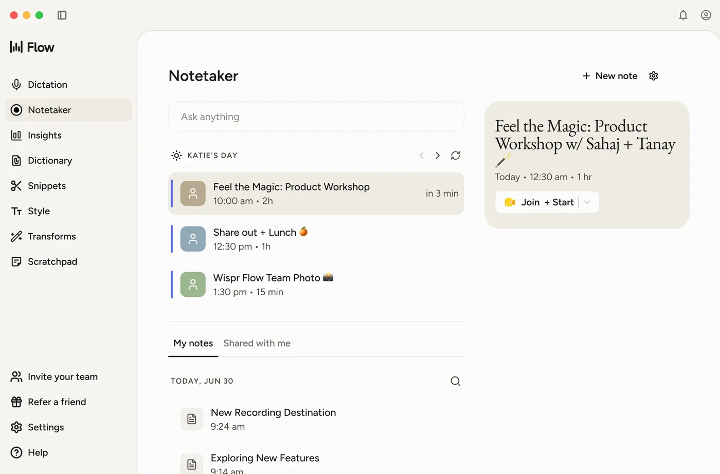 Wispr Flow Notetaker on a Mac: the day's meetings in a list, an upcoming workshop with a Join and Start button, and saved notes below