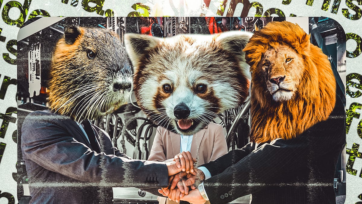 Fort Human article artwork showing a groundhog, red panda, and lion working together.